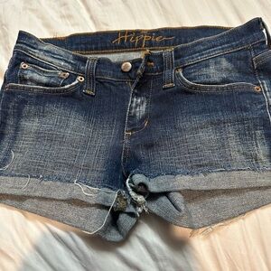 Blue Jean Shorts with Cuffed Hem and Distressed Details